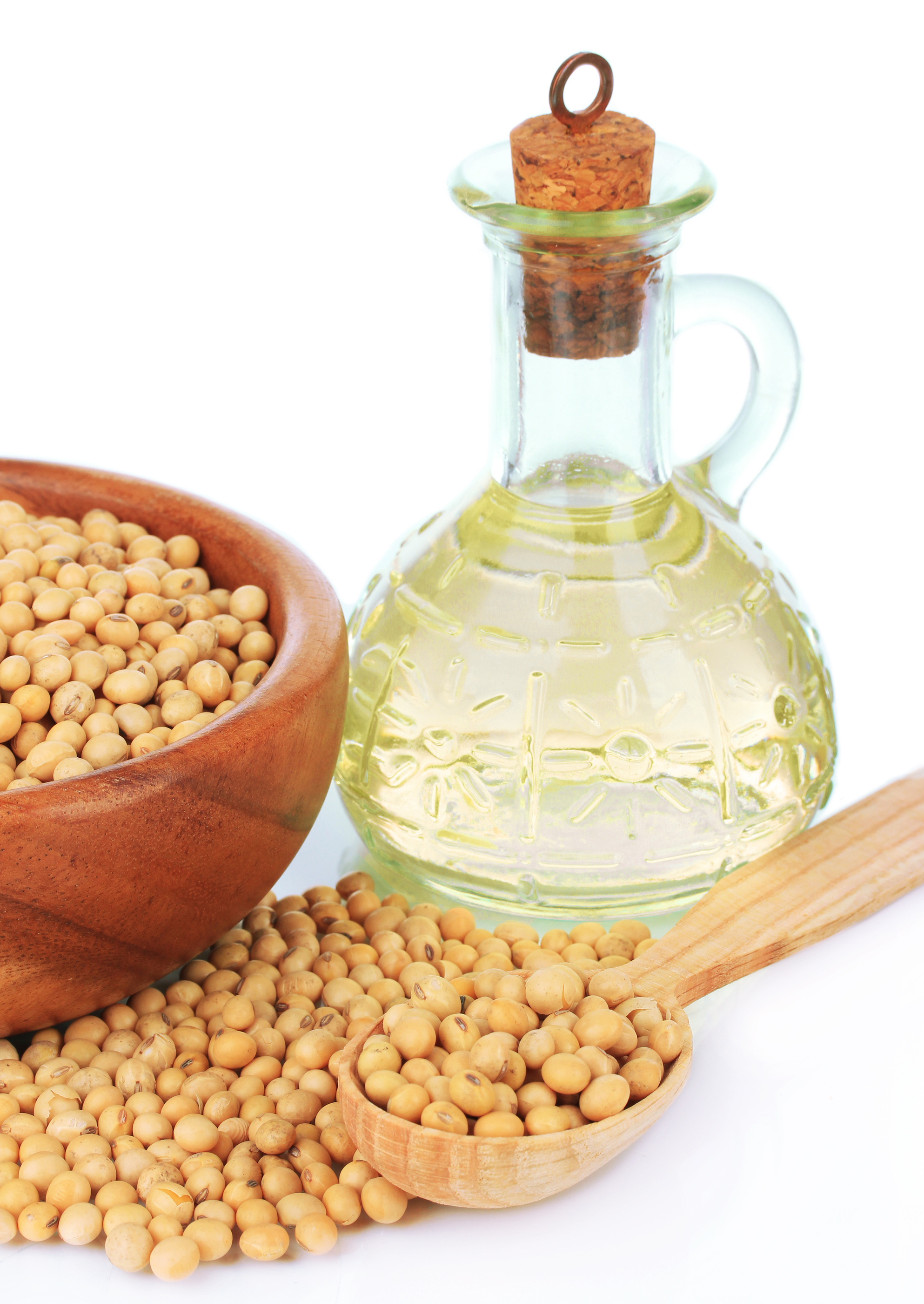 Soy beans and oil isolated on white