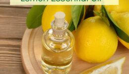 Lemon essential oil on a brown background